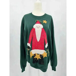 Vtg Jerzees Homemade Women's L Green Santa Applique Holiday Crewneck Sweater